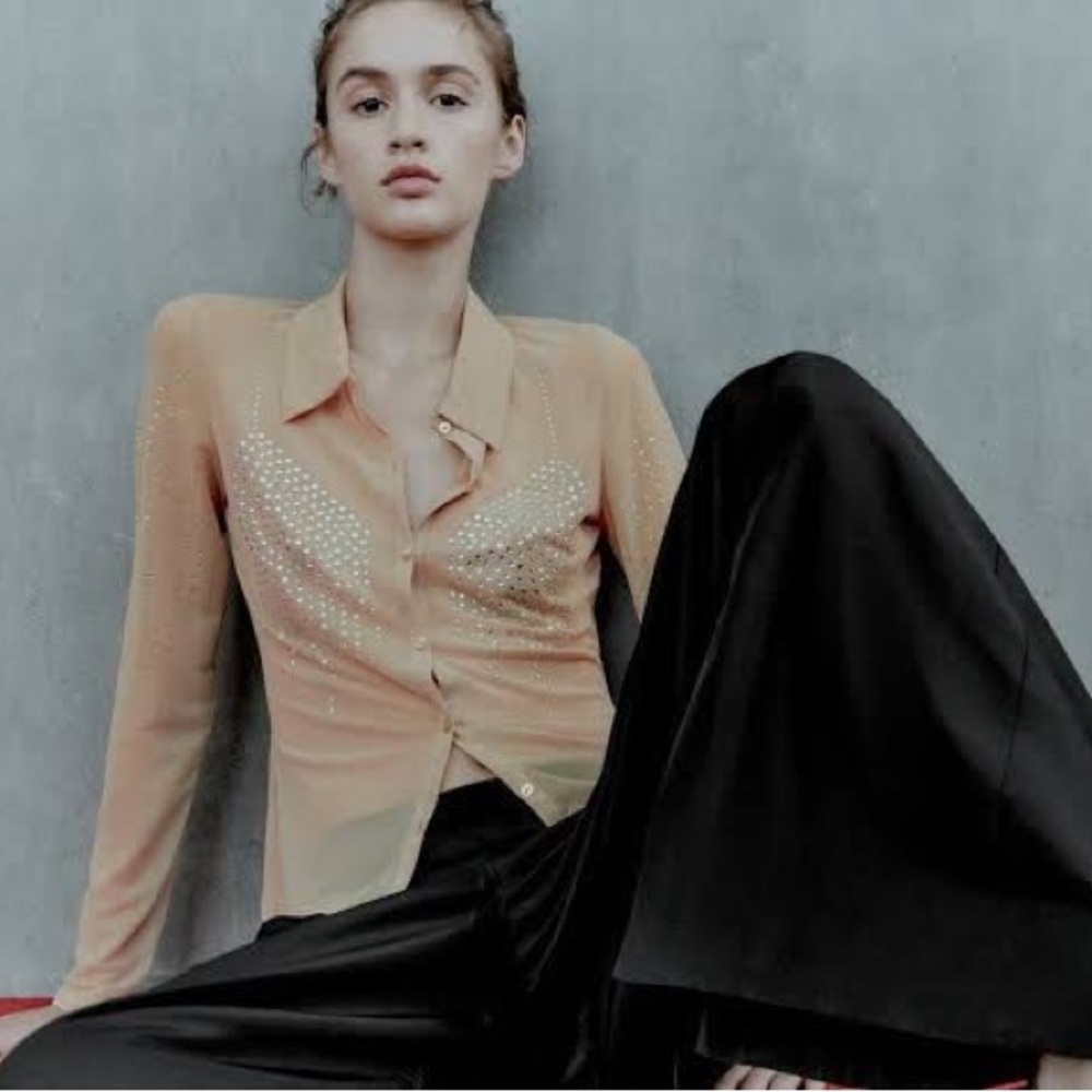 Zara rhinestone tulle button up long sleeve shirt